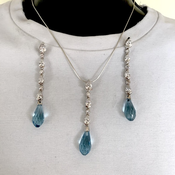 Sterling Silver jewelry set Necklace & long Dangle Earring blue gem stone zircon - Picture 8 of 9